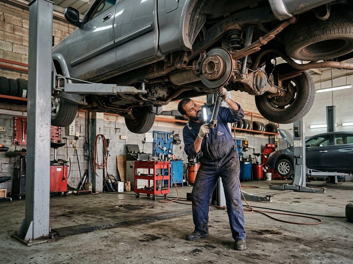 فني يفحص مقصات وشاسيه شاحنة بيك أب أمريكية مرفوعة على الرافعة في ورشة بالرياض