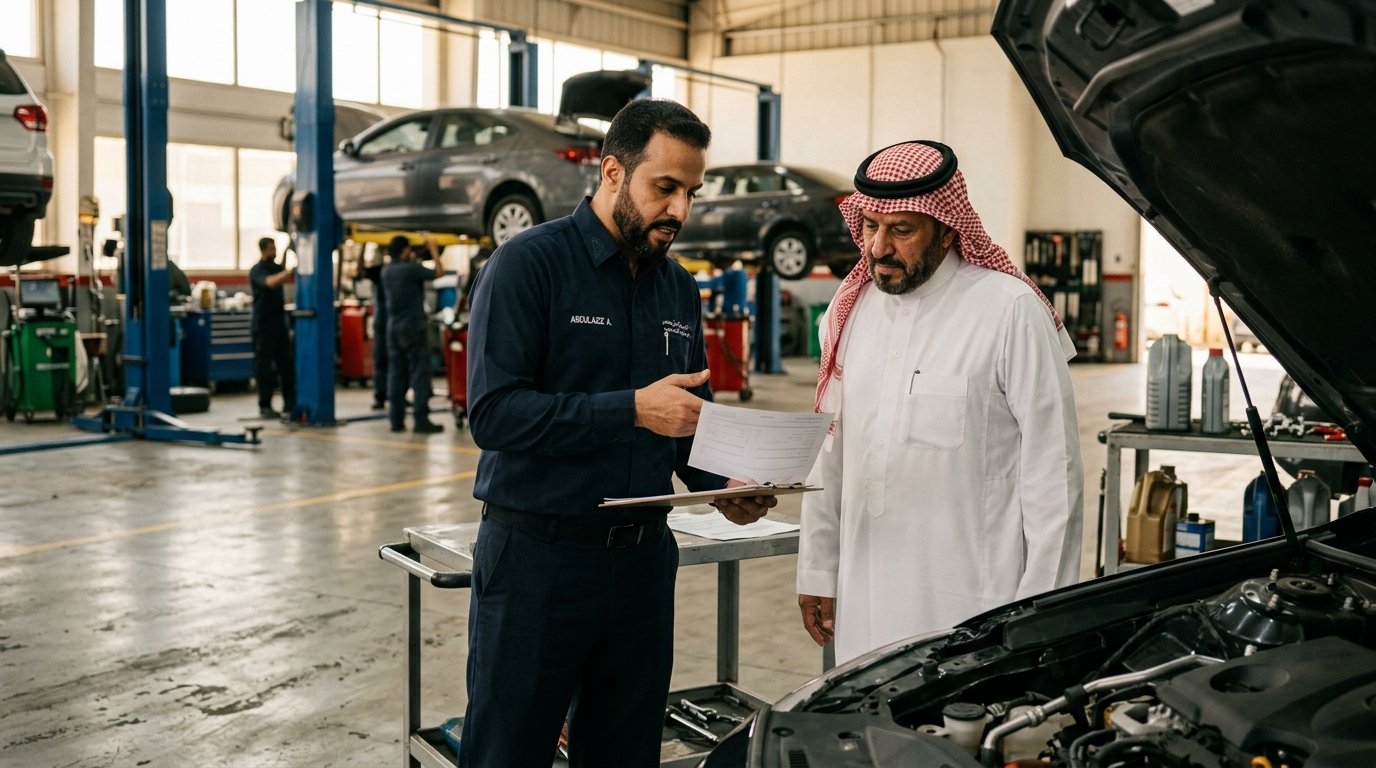 مهندس صيانة يشرح تقرير التكلفة وتفاصيل الإصلاح لعميل سعودي أمام سيارته بالورشة