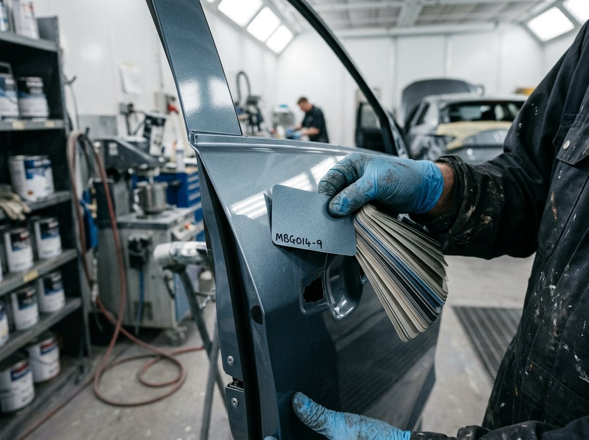 فني يقارن عينات درجات الطلاء بعناية مع لون باب السيارة تحت إضاءة محايدة بمركز فارس العرب 2