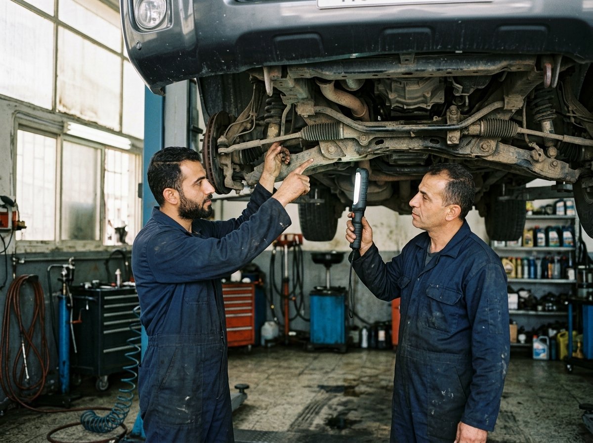 فنيان يفحصان أذرعة الدودة وعمود التوجيه أسفل سيارة SUV مرفوعة على الرافعة بمركز فارس العرب 2