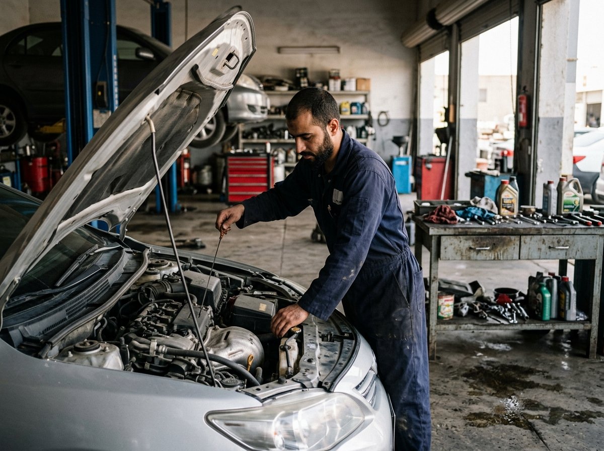فني يفحص عيار الزيت وسائل الفرامل لمحرك سيارة تويوتا عادية بالرياض